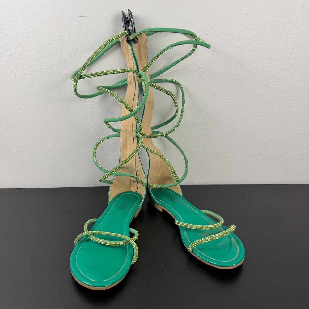 Cape Robbin Gladiator Strappy‎ Sandals Women's 10 Green Tie-Leg Rhinestone Fun